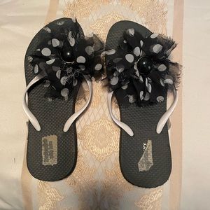Custom black and white flip flops w stone